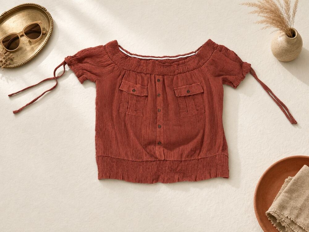 Sweet Wanderer XL Rust Off Shoulder Peasant Top Button Front Boho Blouse